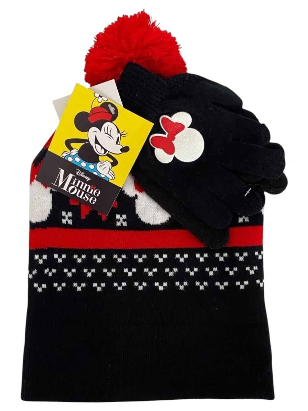 Disney Girls 2-Piece Minnie Mouse Fair Isle Knit Hat Gloves Set Red/Black 4-6X